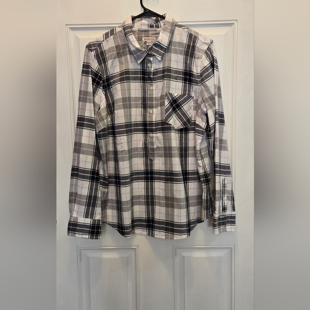 Merona Women's Plaid Button-Down Shirt in Black, Gray, and White